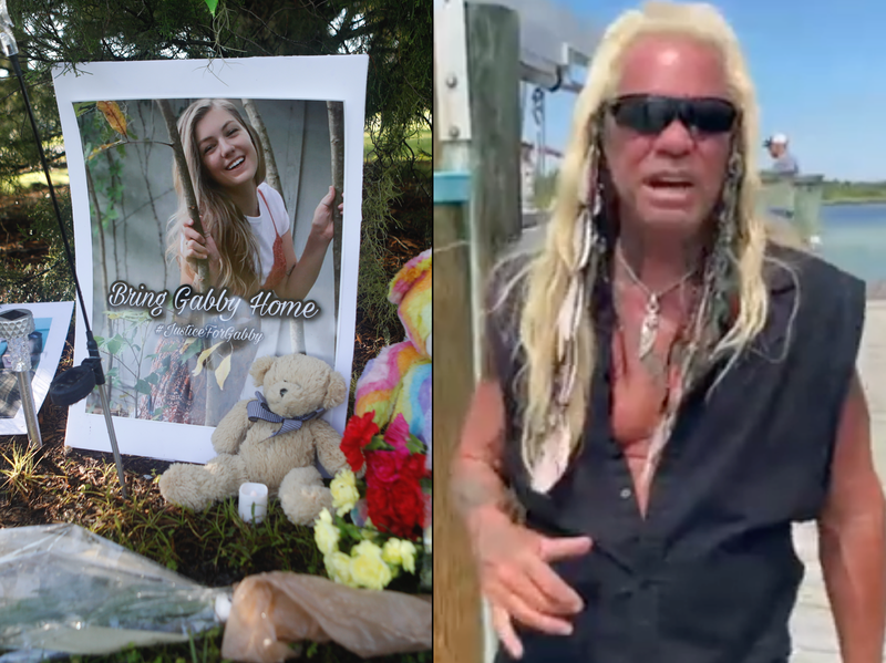 The memorial to Gabby Petito in Florida (left). Dog the Bounty Hunter during a search for Brian Laundrie (right)