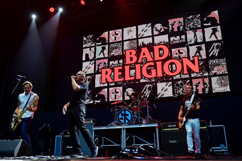 Jay Bentley, Greg Graffin, Jamie Miller and Brian Baker of Bad Religion perform during the first day of Warped Tour on June 29, 2019 in Atlantic City