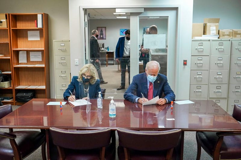 Democratic presidential nominee Joe Biden and his wife Dr. Jill Biden vote in the election at the Delaware State Building on Oct. 28, 2020.