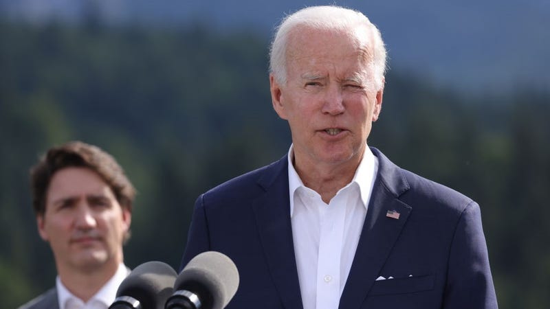 U.S. President Joe Biden speaks at the "Global Infrastructure" side event as Canadian Prime Minister Justin Trudeau looks on during the G7 summit at Schloss Elmau on June 26, 2022 near Garmisch-Partenkirchen, Germany.