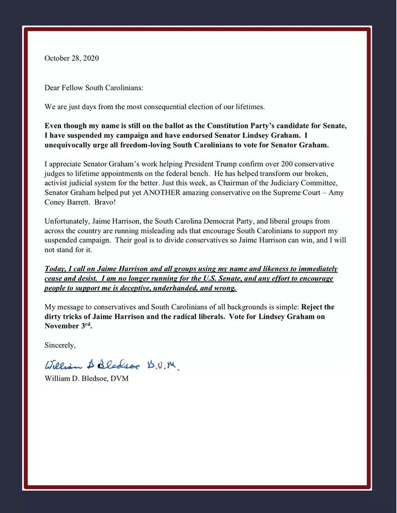 Constitution Party candidate Bill Bledsoe's letter endorsing Lindsey Graham