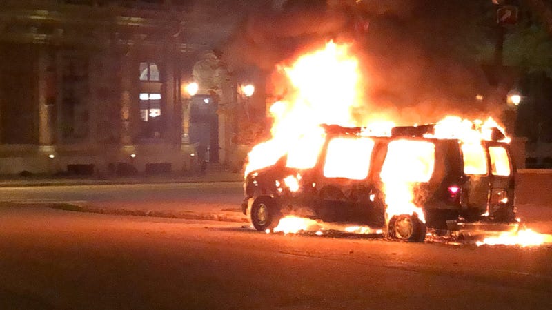 Rioters set fire to a bail bonds van at Niagara Square in Downtown Buffalo. May 30, 2020