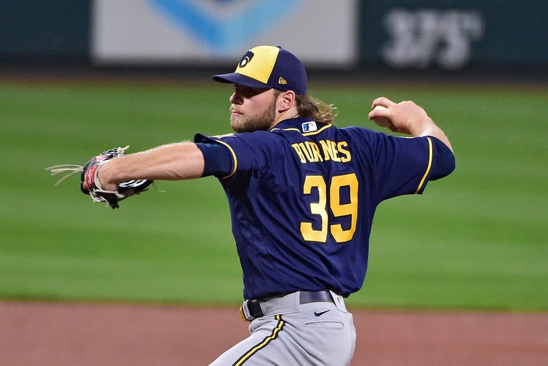 Sep 24, 2020; St. Louis, Missouri, USA; Milwaukee Brewers starting pitcher Corbin Burnes (39) pitches during the first inning against the St. Louis Cardinals at Busch Stadium. Mandatory Credit: Jeff Curry-USA TODAY Sports