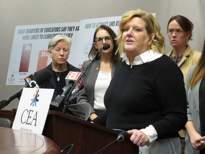 Connecticut Education Association President Kate Dias, speaking at the state Legislative Office Building in Hartford, 11/22/22