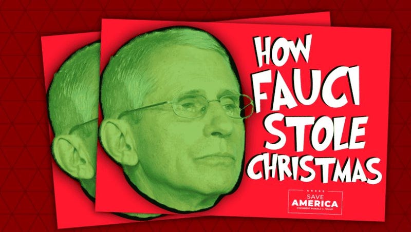 Donald Trump's PAC, Save America, is offering these "How Fauci Stole Christmas" stickers in exchange for a $25 donation.