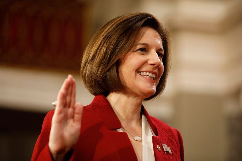 U.S. Sen. Catherine Cortez Masto (D-NV) participates in a reenacted swearing-in with U.S. Vice President Joe Biden in the Old Senate Chamber at the U.S. Capitol January 3, 2017 in Washington, DC.