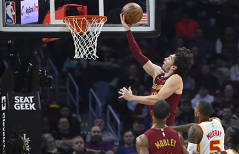 Cleveland Cavaliers forward Cedi Osman (16) drives to the basket in the second quarter against the Atlanta Hawks at Rocket Mortgage FieldHouse.