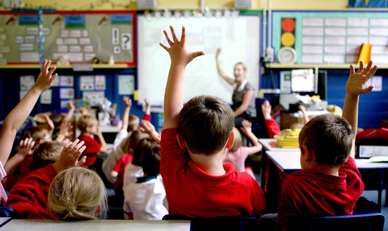 Classroom with hands raised