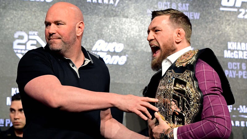 Dana White and Conor McGregor at a press conference for UFC 229 in 2018.