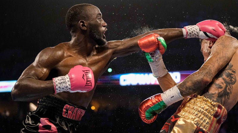 Terence Crawford lands a left hand to the head of Jose Benavidez Jr. during a welterweight boxing match in October 2018.