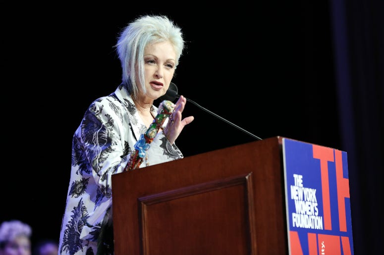 Cyndi Lauper speaks onstage during the 32nd Anniversary Celebrating Women Breakfast