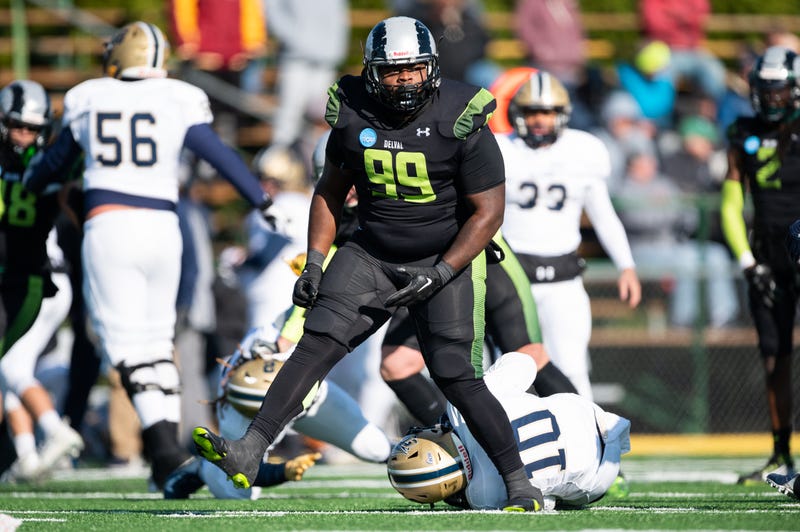 Delaware Valley defensive tackle Kelvin Brown celebrates a tackle for loss against Gallaudet on Nov. 19, 2022.