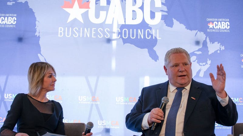 U.S. Ambassador to Canada Kelly Craft and Premier Doug Ford of Ontario talk at the Prospects for USMCA Ratification Trilateral Dialogue on February 21, 2019 in Washington, DC.