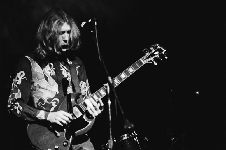 Musician Duane Allman (1946 - 1971) of American rock group The Allman Brothers Band performs at Fillmore East
