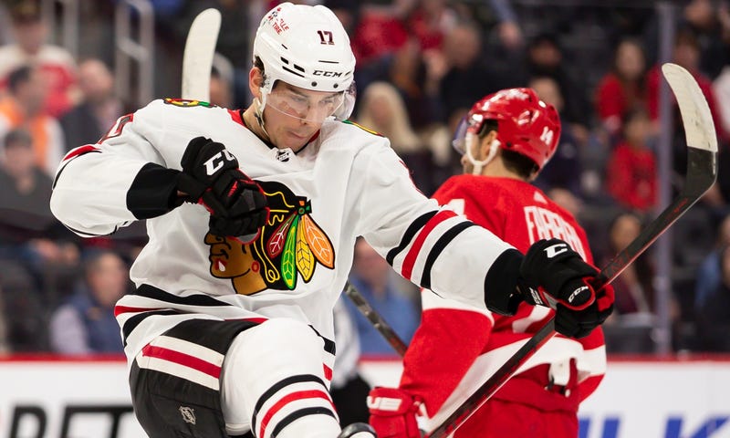 Blackhawks center Dylan Strome (17) celebrates after scoring a goal against the Red Wings.