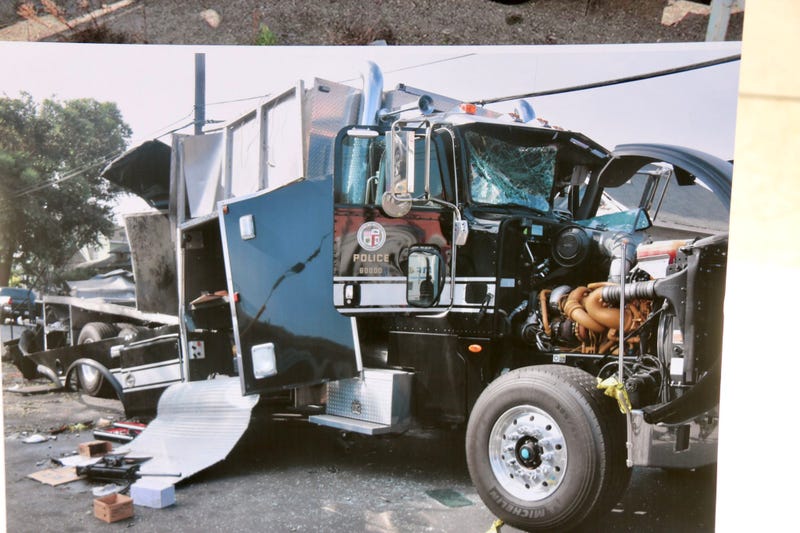 The destroyed containment vehicle after the LAPD bomb squad's South LA detonation of seized fireworks on June 30.