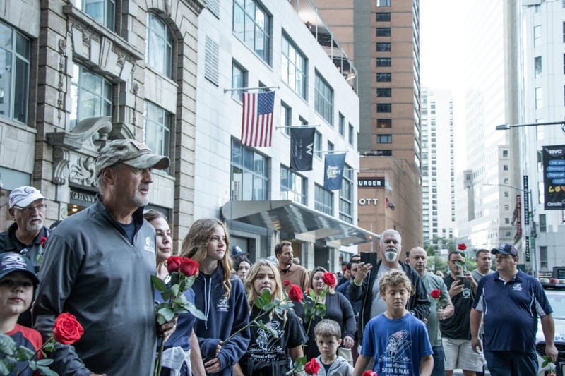 Frank Siller, the founder of the Tunnel to Towers Foundations, poses for photos in New York City after completing his 500-mile walk from the Pentagon to Lower Manhattan on the 20th anniversary of the 9/11 terror attacks Saturday, Sept. 11, 2021.