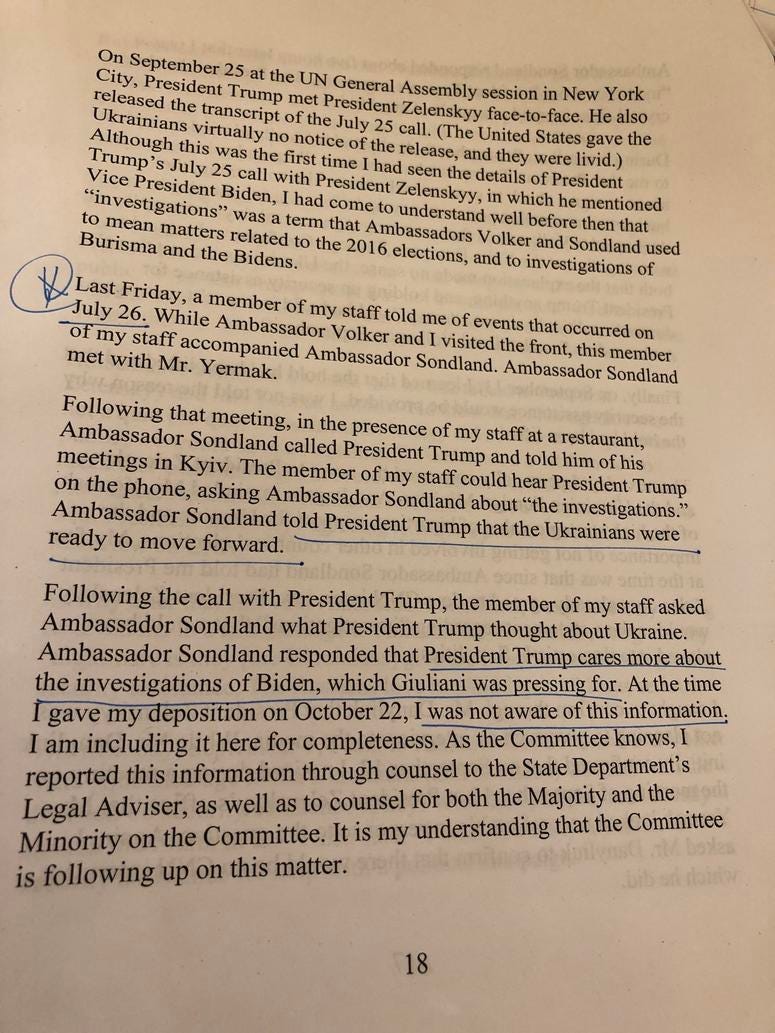 Rep. Jackie Speier (D-San Mateo) tweeted this photo showing notes on Ambassador William Taylor's testimony on Nov. 13, 2019.
