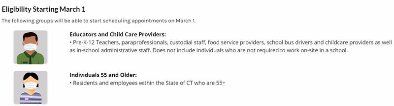 ct.gov graphic explains who becomes vaccine-eligible March 1: those 55 and older, plus educators and child care providers