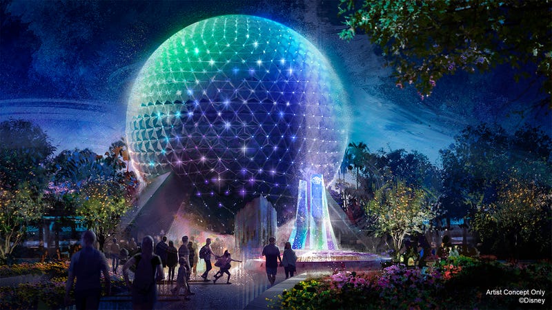 Artist concept of Spaceship Earth at EPCOT during WDW's 50th anniversary celebration