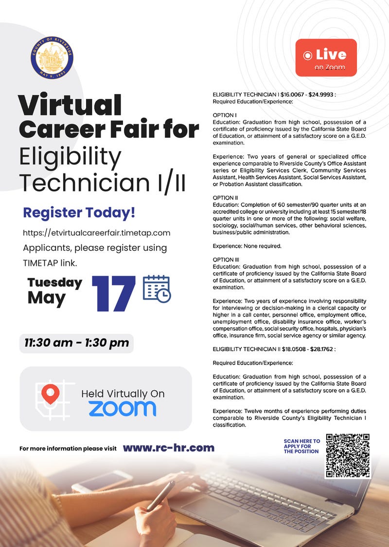 Riverside County Department of Social Services Eligibility Technician Career Fair flyer
