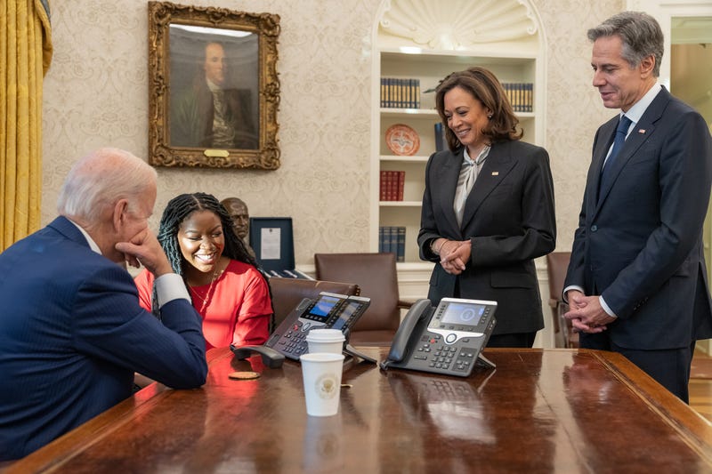 President Biden speaking to Brittney Griner on a phone at the White House after her release from Russian prisons on drug charges.