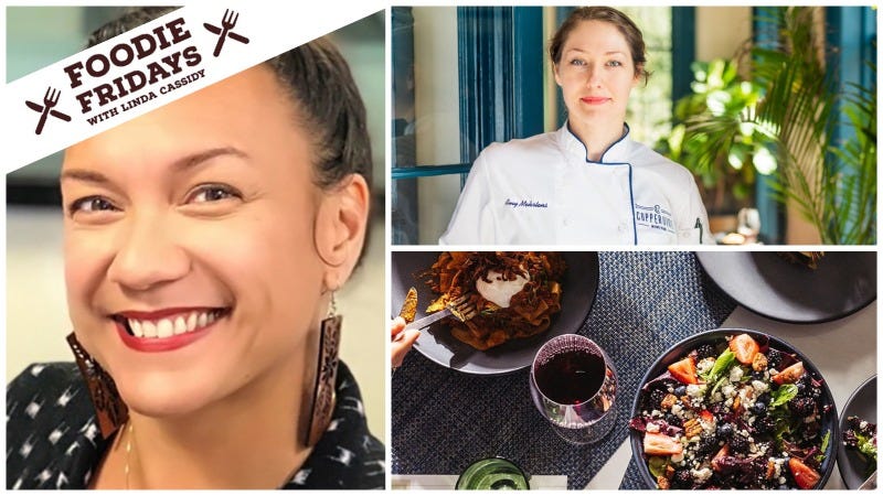 collage with Chef Amy, food and Linda Cassidy