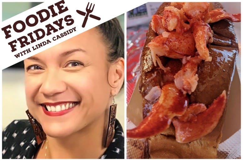 Linda and a close up of a buttery lobster roll