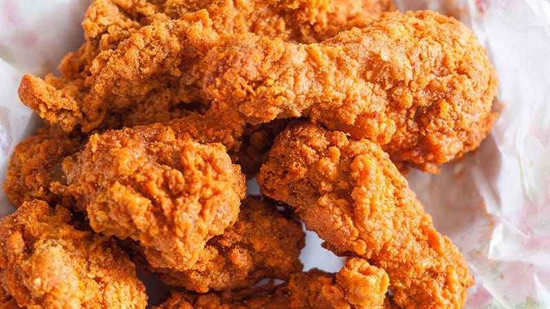 close up of golden fried chicken