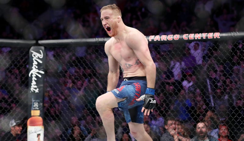 Justin Gaethje celebrates his knockout win over Edson Barboza at UFC on ESPN 2.