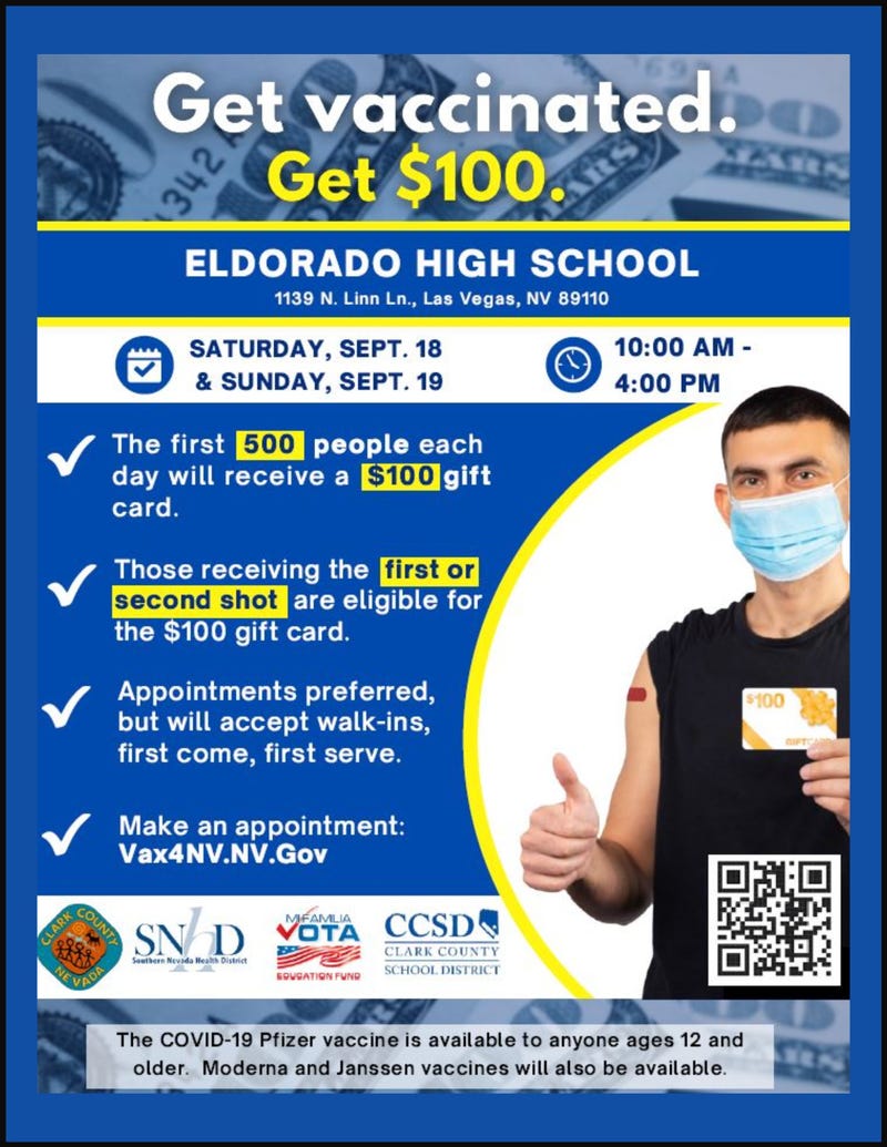 Advertisement for a 'gift cards' for vaccinations' program being run by Clark County