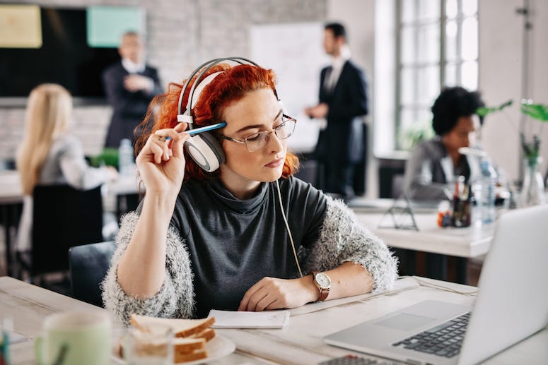 Businesswoman, Desk, Office, Thinking, Headphones, Computer