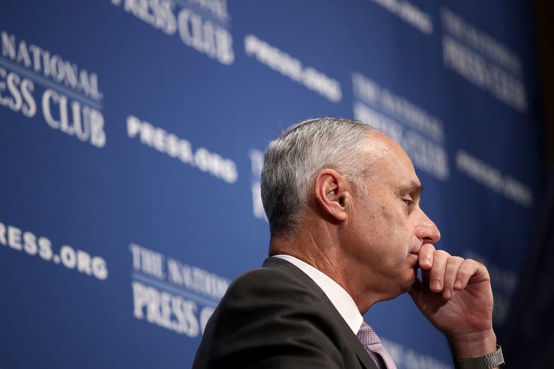 Major League Baseball Commissioner Rob Manfred speaks at the National Press Club July 16, 2018 in Washington, DC.