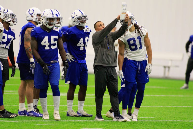 Special teams coordinator Bubba Ventrone of the Indianapolis Colts instructs the special teams during the Colts' training camp at Grand Park on August 16, 2018 in Westfield, Indiana.