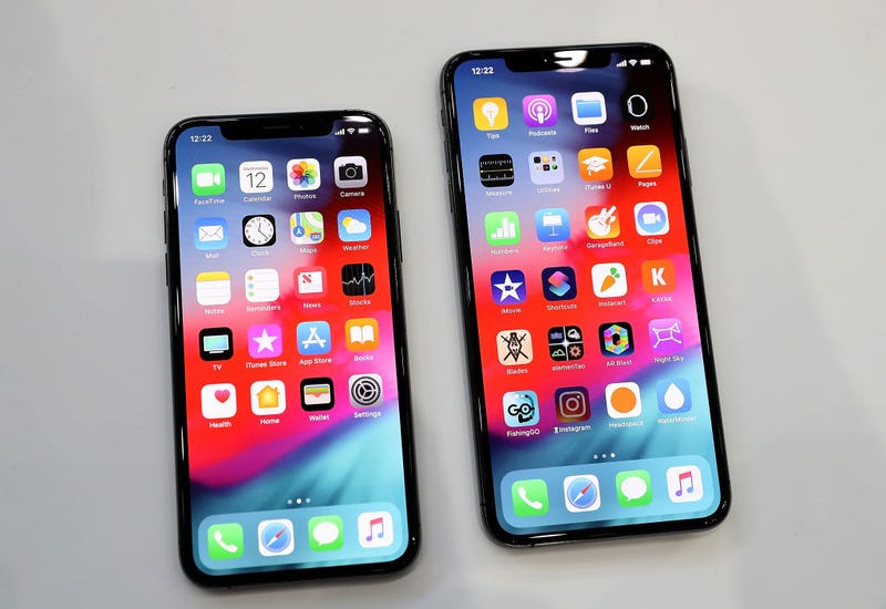 The new Apple iPhone Xs (L) and iPhone Xs Max (R) are displayed during an Apple special event at the Steve Jobs Theatre on September 12, 2018 in Cupertino, California.