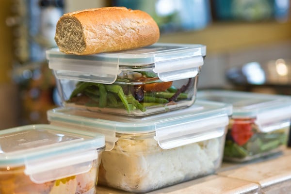 Stacked containers of leftovers