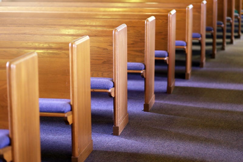 Rows of Church Pews in an Empty Church Sanctuary - stock photo