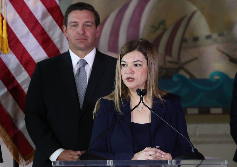 Newly sworn-in Gov. Ron DeSantis stands behind Barbara Lagoa as she speaks after he named her to the Florida Supreme Court on January 09, 2019 in Miami, Florida.
