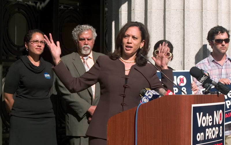 San Francisco District Attorney Kamala Harris, center, tells the audience that California's Proposition 8, which would ban same sex marriage in the state, is not just intolerant but "bad government," during a rally of Prop. 8 opponents outside city hall in Oakland, California on Tuesday, Oct. 21, 2008.
