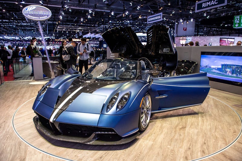 Pagani Huayra Roadster is displayed during the second press day at the 89th Geneva International Motor Show on March 6, 2019 in Geneva, Switzerland.