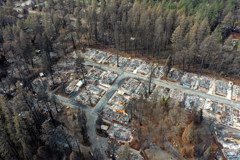 An aerial view of homes destroyed by the Camp Fire on February 11, 2019 in Paradise, California.