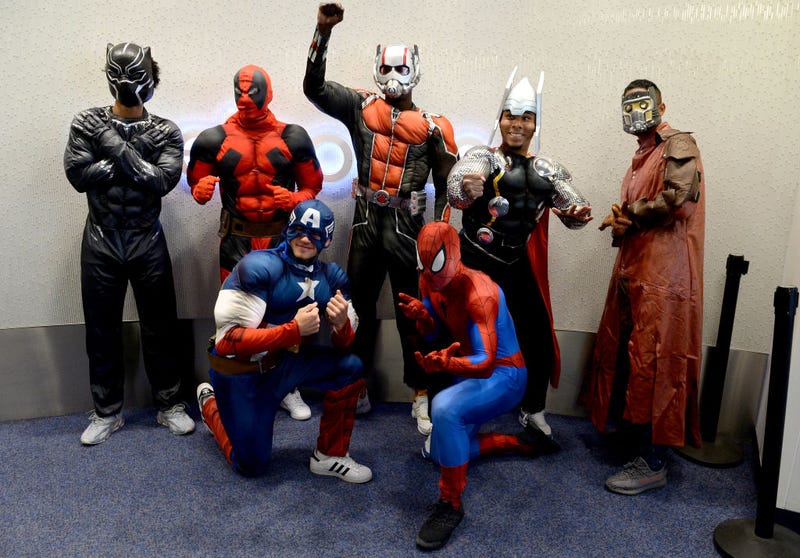 New England Revolution (L to R) Tajon Buchanan, Nico Firmino, Justin Rennick, Wilfried Zahibo, Dejuan Jones, Charlie Davies, and Michael Mancienne prepare to visits the kids in costume at Boston Children's Hospital.