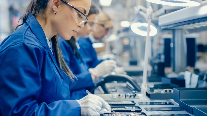 An assembly line in a technology factory