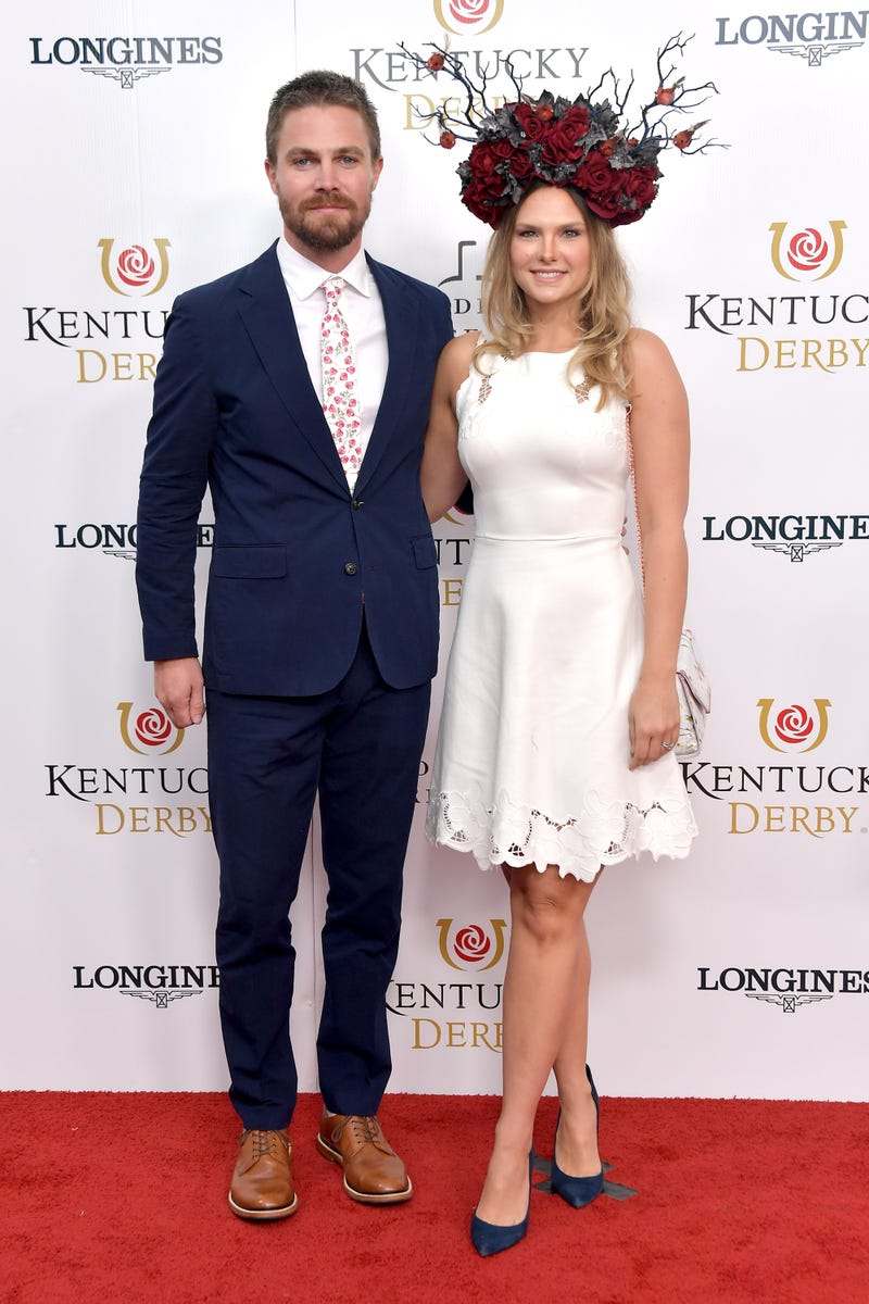 Stephen Amell and Cassandra Jean Amell attend 145th Kentucky Derby in 2019.