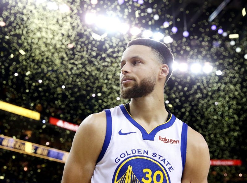Stephen Curry #30 of the Golden State Warriors reacts after defeating the Portland Trail Blazers 116-94 in game one of the NBA Western Conference Finals at ORACLE Arena on May 14, 2019 in Oakland, California.