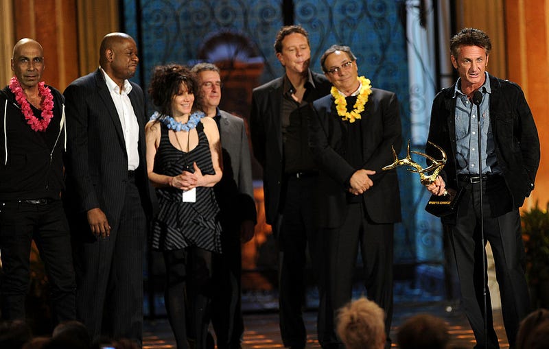 (L-R) Actor Taylor Negron, actor Forest Whitaker, director Amy Heckerling, actor Brian Backer, actor Judge Reinhold, actor Robert Romanus and actor Sean Penn accept the Guy Movie Hall of Fame award for "Fast Times on Ridgemont High" onstage during Spike TV's 5th annual 2011 "Guys Choice" Awards.