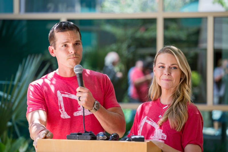 Granger Smith and Amber Smith visit Dell Children's Medical Center of Central Texas to present a donation in memory of their son, River Kelly Smith on June 25, 2019 in Austin, Texas