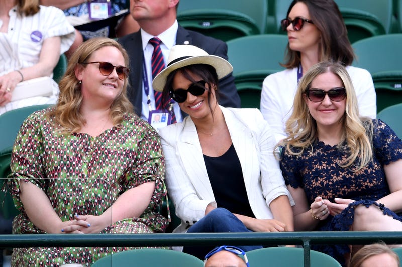 Meghan Markle, Duchess of Sussex watches on during the ladies' Singles Second round match between Serena Williams of The United States and Kaja Juvan of Slovenia during Day four of The Championships
