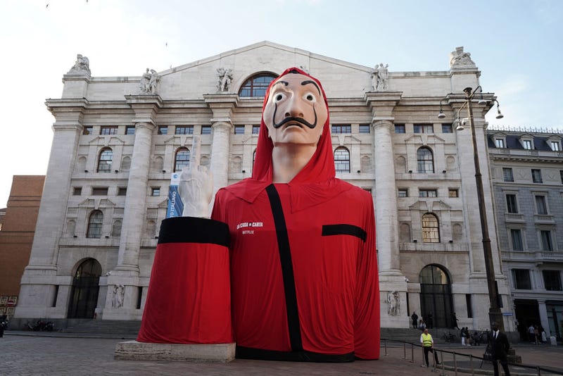 A general view of the "Piazza De Papel" event of the Netflix tv show "La Casa di Carta" (Money Heist) at Piazza Affari on July 17, 2019 in Milan, Italy.