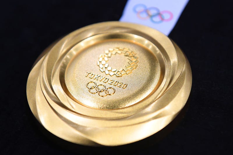 The gold medal is displayed after the Tokyo 2020 medal design unveiling ceremony